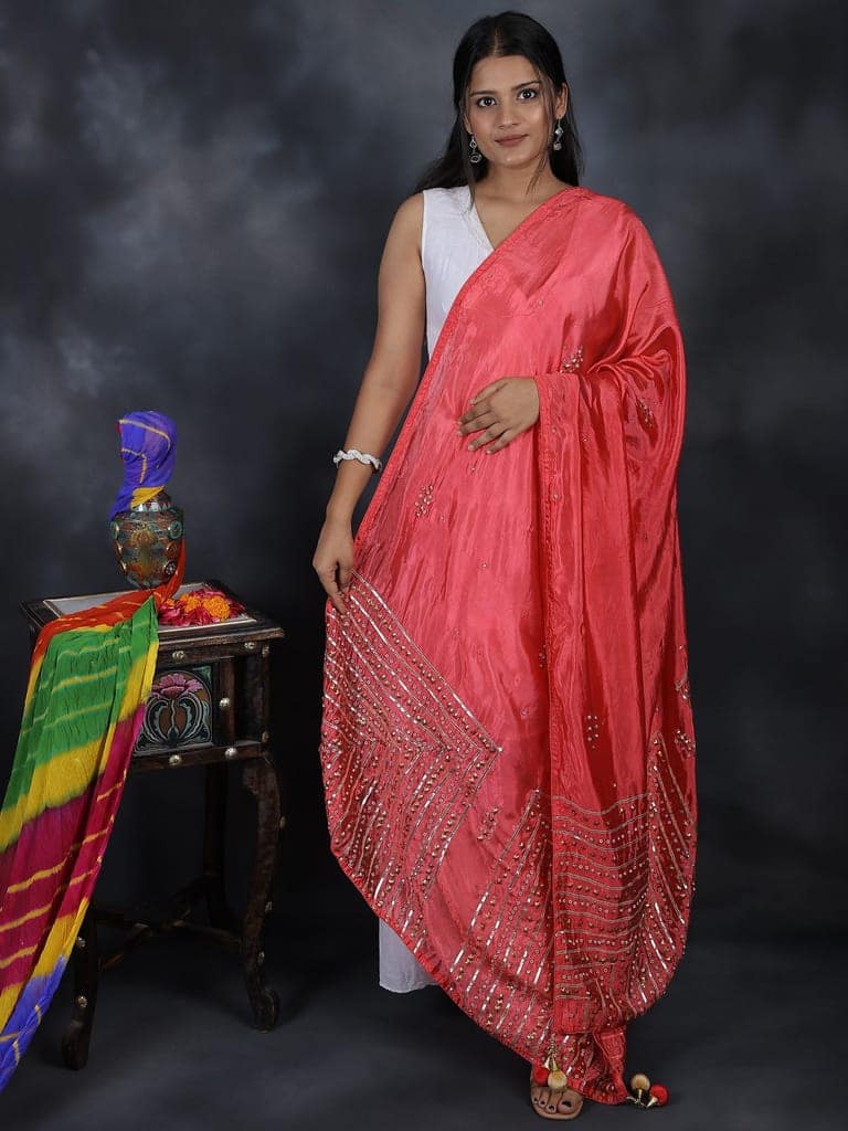 Paradise-Pink Silk Dupatta From Amritsar with Gota Patti, Floral Beads and Velvet Tassels on Edges view 4