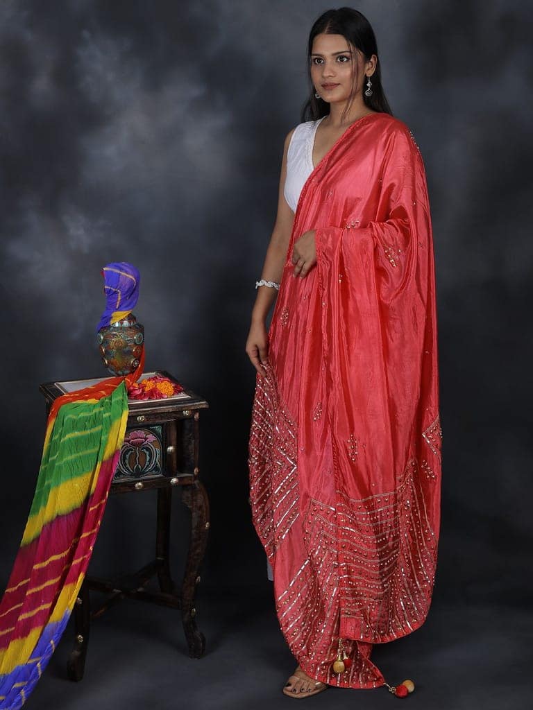 Paradise-Pink Silk Dupatta From Amritsar with Gota Patti, Floral Beads and Velvet Tassels on Edges view 5