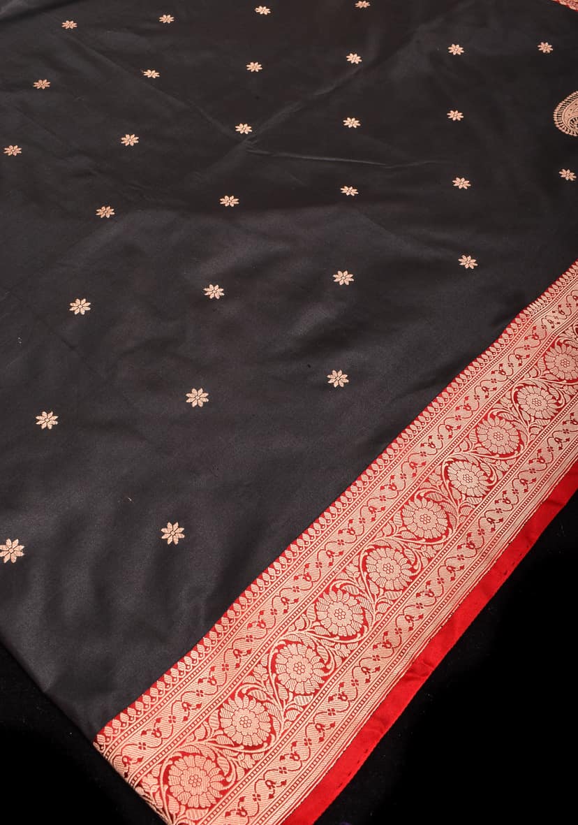 Black and Red Authentic Katan Silk Banarasi Saree with Chunri Buttis and Koniya Motifs | SILK MARK CERTIFIED view 2
