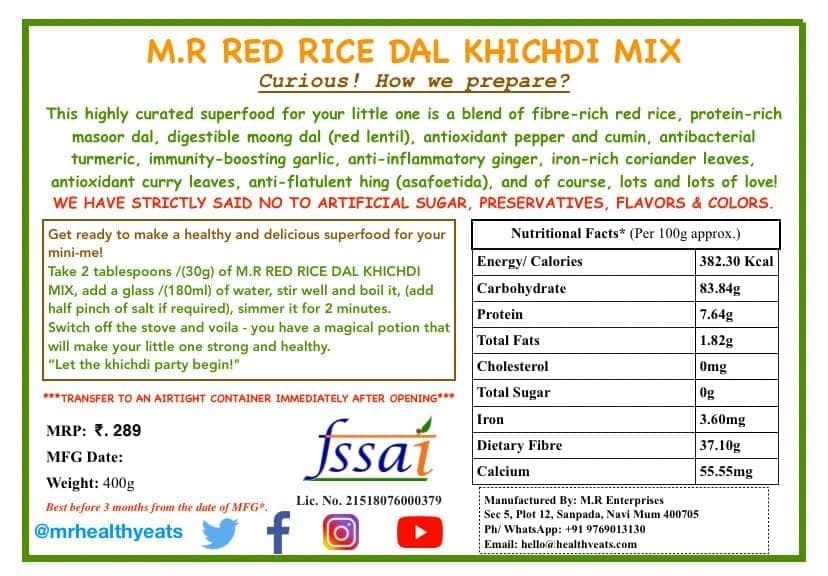 M.R Healthy Eats- Red Rice, Dal Khichdi Mix For Kids In Food-Grade Container 400 GMS (+6 Months) view 4