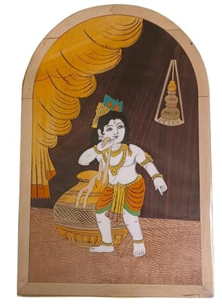 Wooden Lord Krishna Eating Makhan Painting