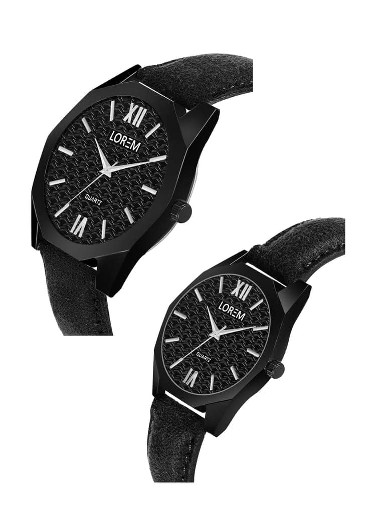 LOREM Couple Watches with Embossed Dial, Premium Faux Leather Strap, Quartz Movement, Black view 3