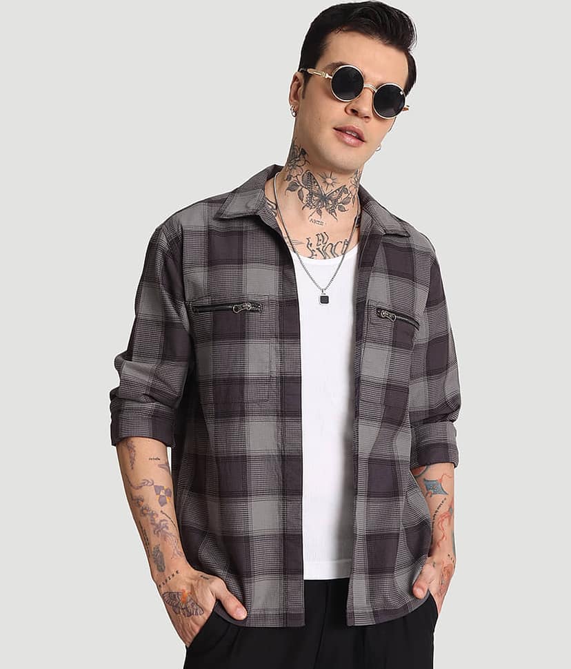 Bene Kleed 100% Cotton Relaxed Fit Shacket Full Sleeves Men's Casual Shirt - Dark Grey ( Pack of 1 ) view 4