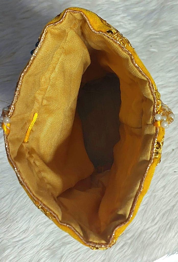Traditional Mustard Velvet Potli Bag with Zari Embroidery & Pearl Handle view 3