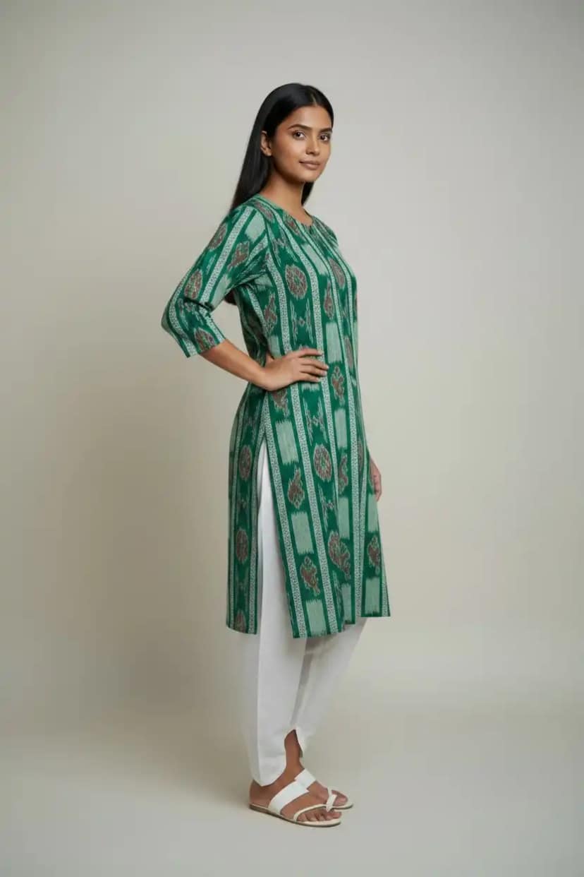 Sambalpuri Bandha Cotton Kurti in Green, Handwoven Ikat view 3