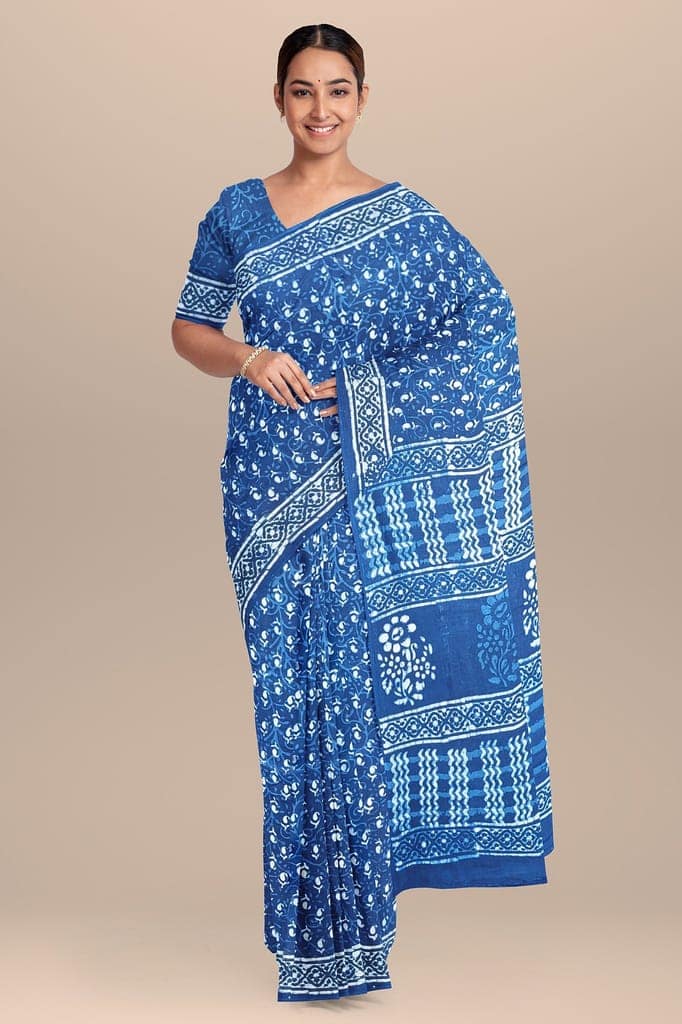 Indigo Floral Pattern Hand Block Print Daboo Malmal Cotton Saree SKU-BS10164