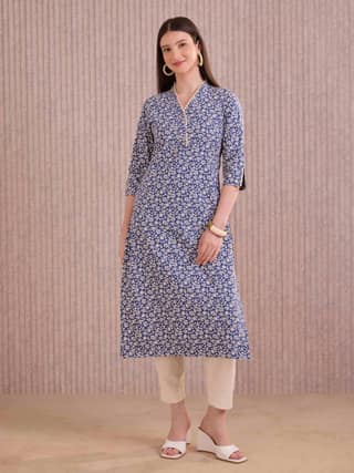 Blue Colour Pure Cotton Printed Kurti With Lace