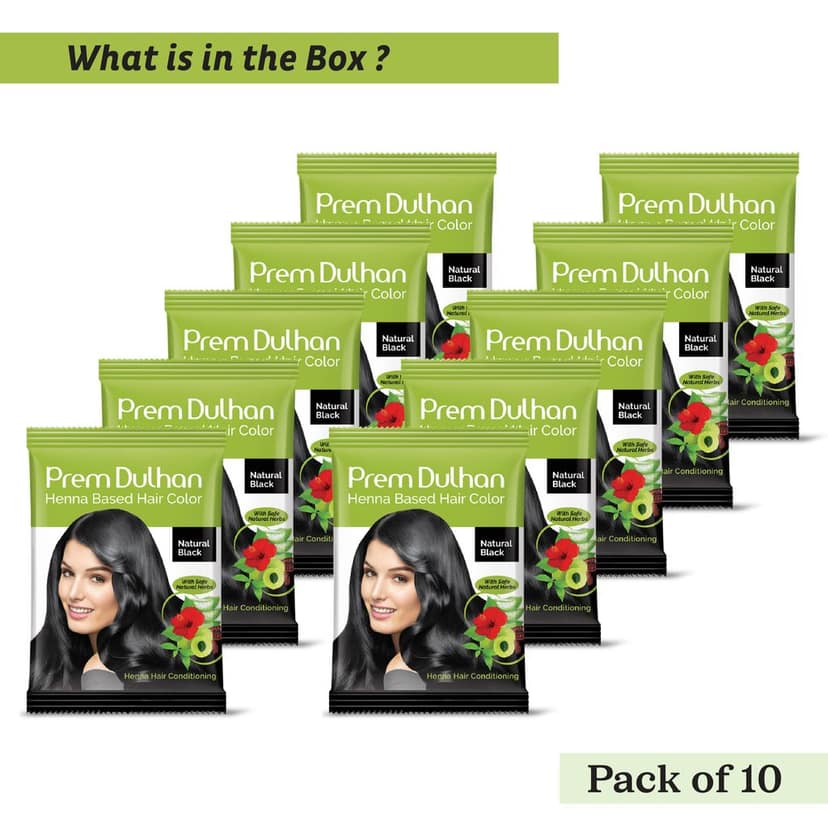 Prem Dulhan Natural Black Henna Hair Color | Herbal, Ammonia & Paraben Free | Long Lasting | Pack of 10 Sachets view 2