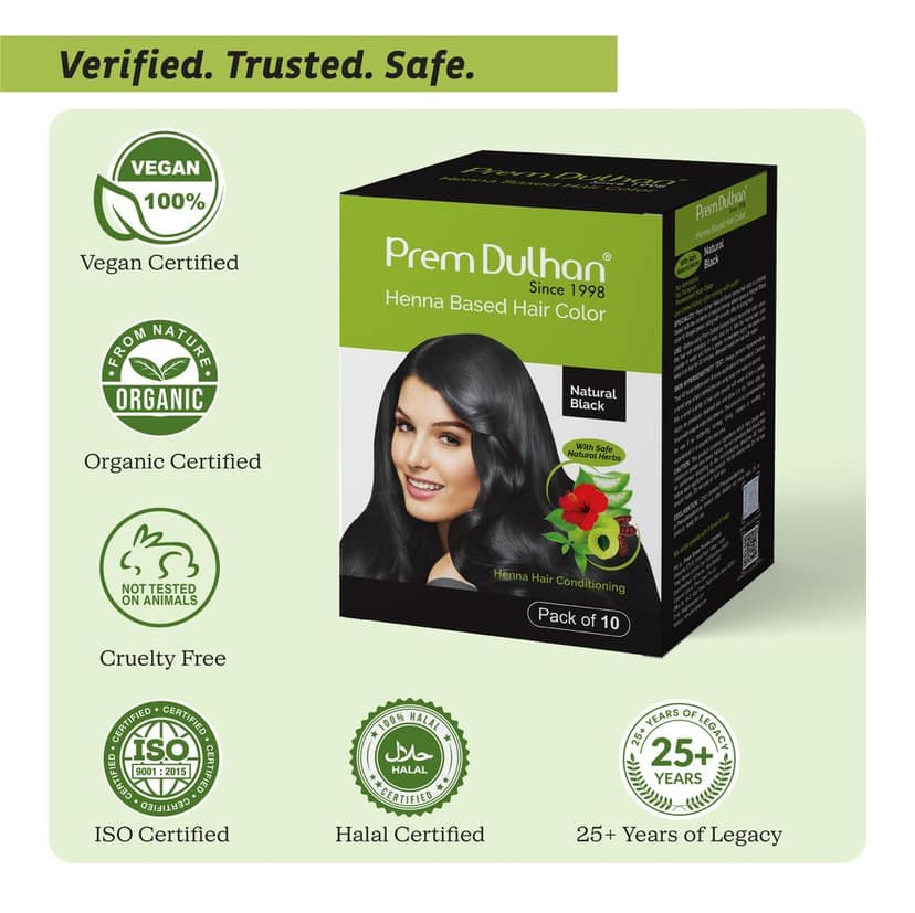 Prem Dulhan Natural Black Henna Hair Color | Herbal, Ammonia & Paraben Free | Long Lasting | Pack of 10 Sachets view 8