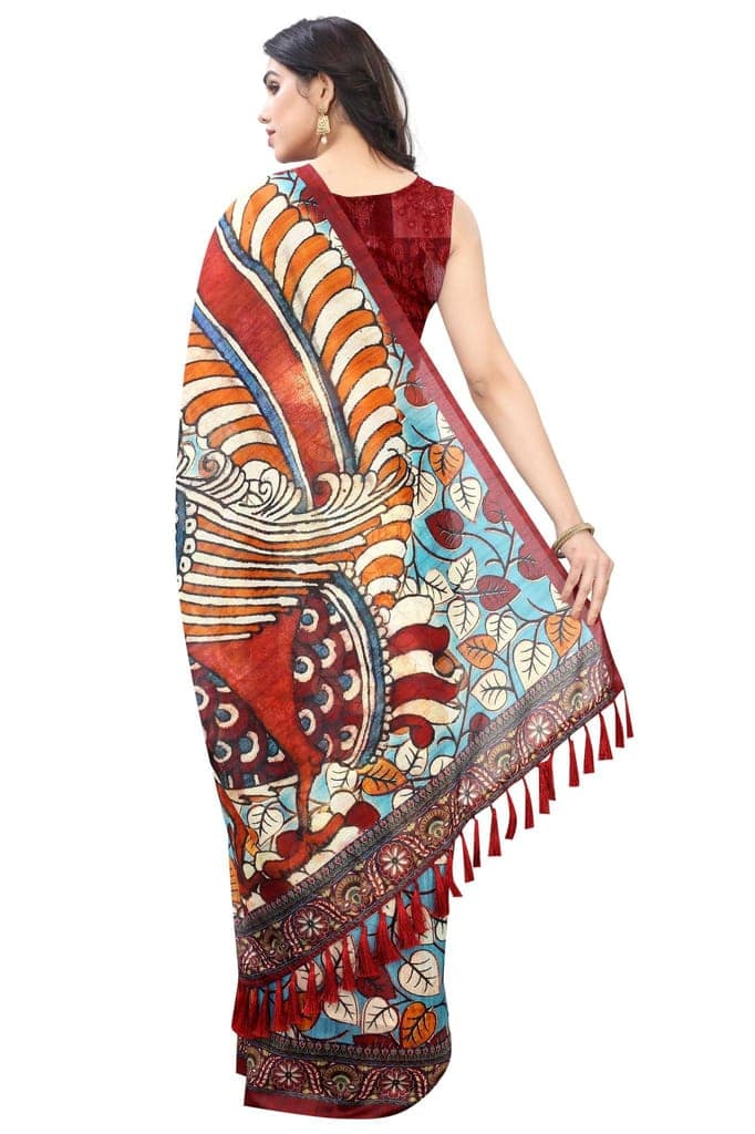 Silk Zone Women's Ajrakh Kalamkari Chanderi Cotton Digital Printed Tassel Saree with Blouse Piece view 3