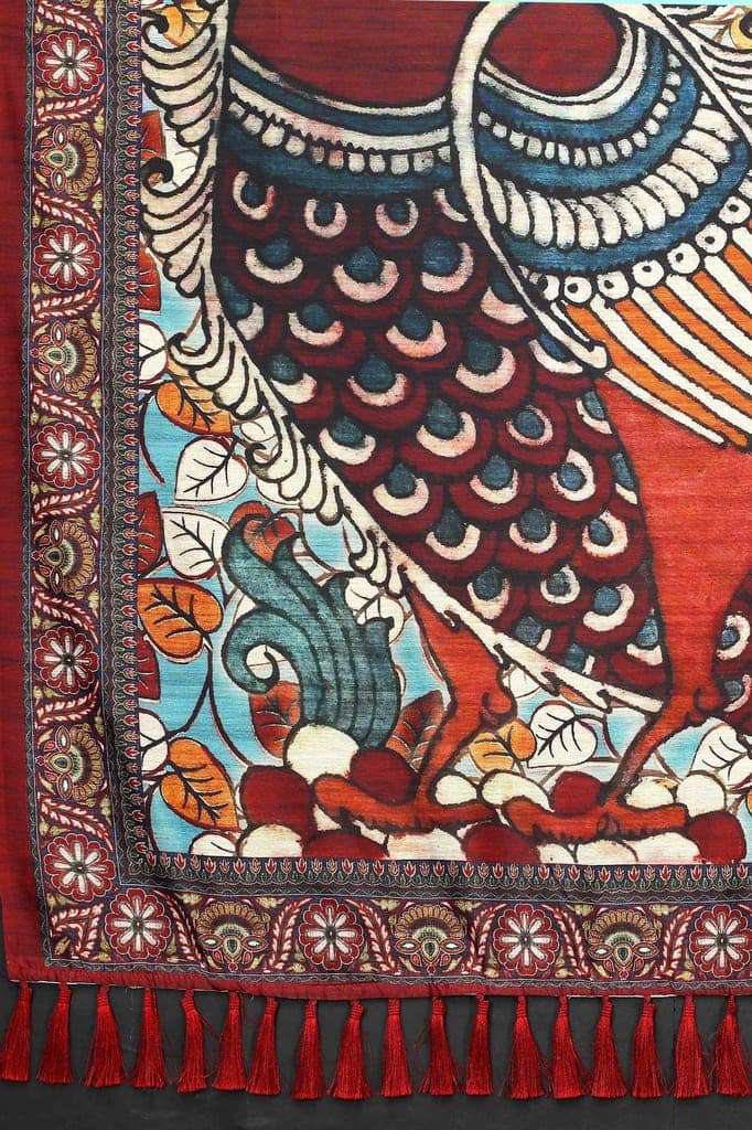 Silk Zone Women's Ajrakh Kalamkari Chanderi Cotton Digital Printed Tassel Saree with Blouse Piece view 5