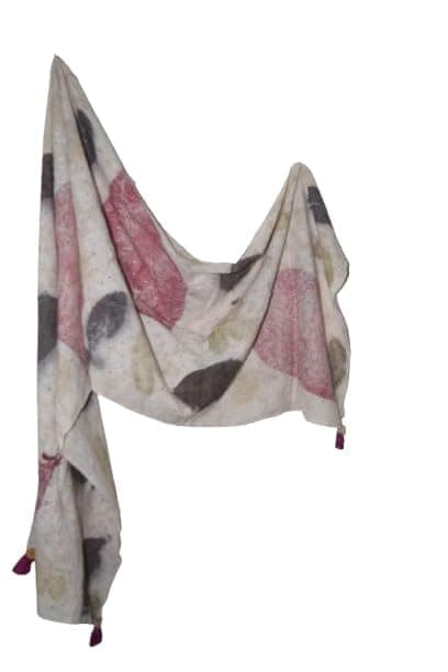 TULIP Traditional Artisians' Upliftment Livelihood Program Scarf with Leaf Print, Cream Base with Pink and Grey Leaves, Lightweight Fabric, Decorative Tassels view 3