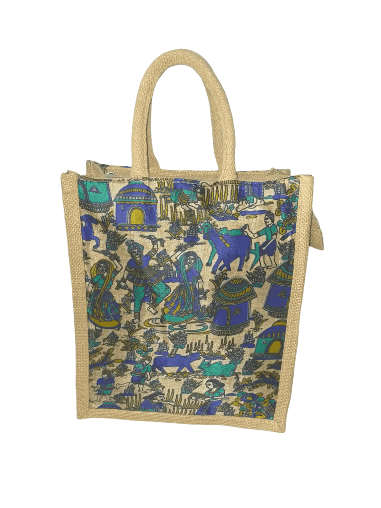 Handcrafted Jute Blue Bag with Colorful Indian Village Scene(small)