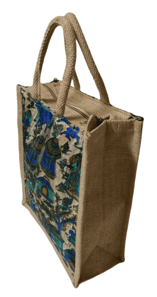 Handcrafted Jute Blue Bag with Colorful Indian Village Scene(small) view 2