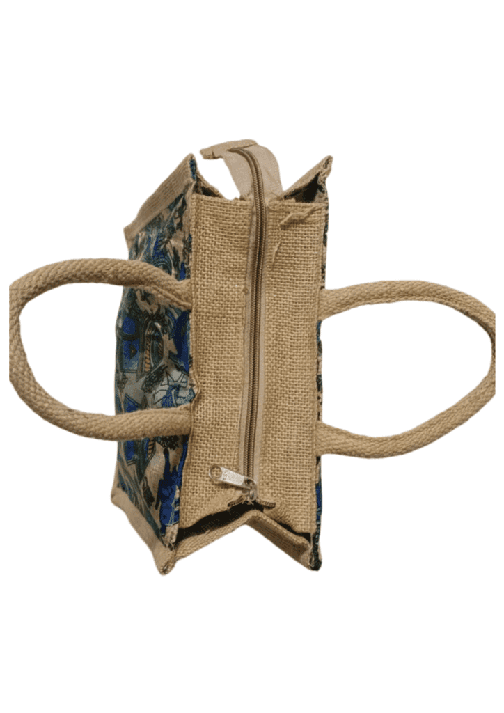 Handcrafted Jute Blue Bag with Colorful Indian Village Scene(small) view 3