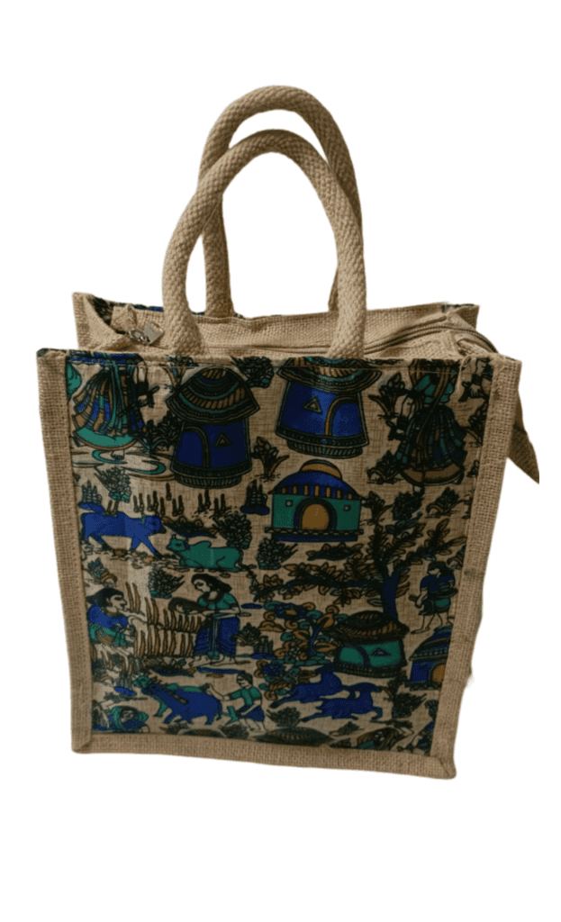 Handcrafted Jute Blue Bag with Colorful Indian Village Scene(small) view 5