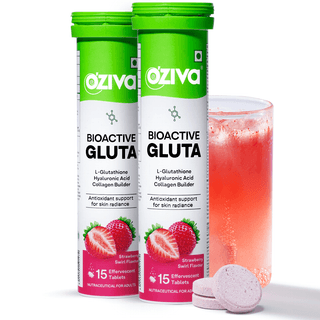 OZiva Bioactive Gluta Fizzy ( L-Glutathione, Hyaluronic Acid, Asthaxanthin, Lycopene & Collagen Builder) to Reduce Cellular Damage Strawberry swirl, Pack of 2 (30 Tablets)