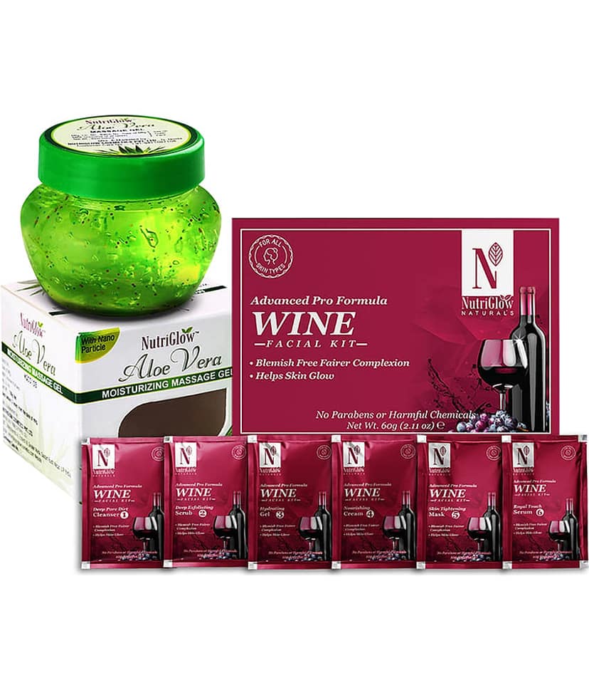 NutriGlow NATURAL'S Advanced Pro Formula Wine Facial Kit (60gm) and Aloe Vera Gel (100ml) for Skin Moisturization & Remove Blackheads, Pack of 2