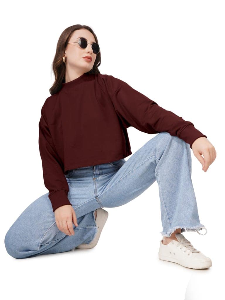 Women Full Sleeve Solid Sweatshirt (Wine) view 6