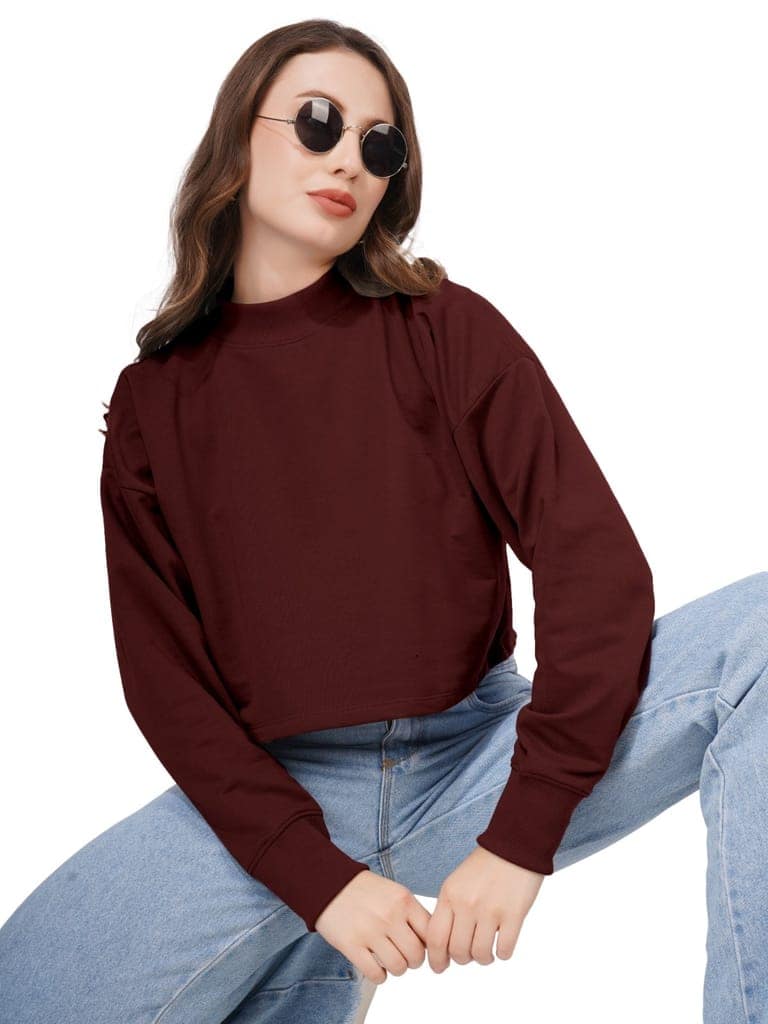 Women Full Sleeve Solid Sweatshirt (Wine) view 8
