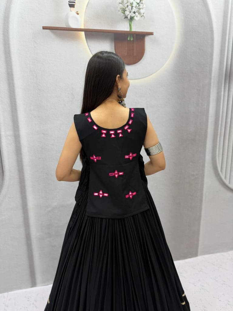Women's Black Rayon Cotton Flared Lehenga Choli with Embroidered Jacket Set view 3