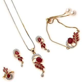 Hetprit Brass Gold Plated Red Colour Pendentt Set Combo For Woman