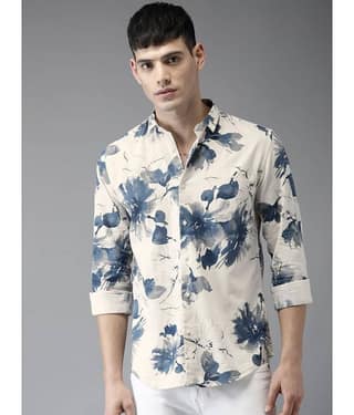 Bene Kleed Men Cream-Coloured & Brown Slim Fit Printed Casual Shirt