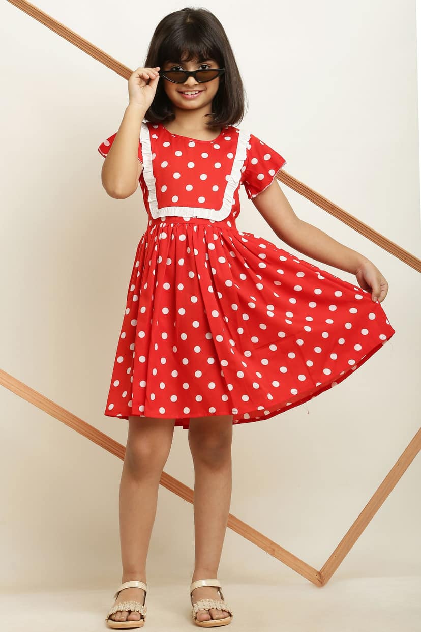 Tripti Enterprises Girls ethnic Printed Frock-Red Dot with Lining & Frill. view 3