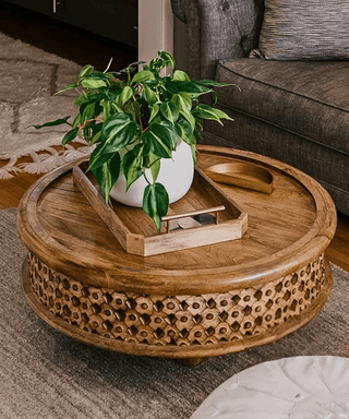 Niktan Export Wooden Carved Table in Raw Mango Lattice – Handcrafted Round Coffee Table for Living Room