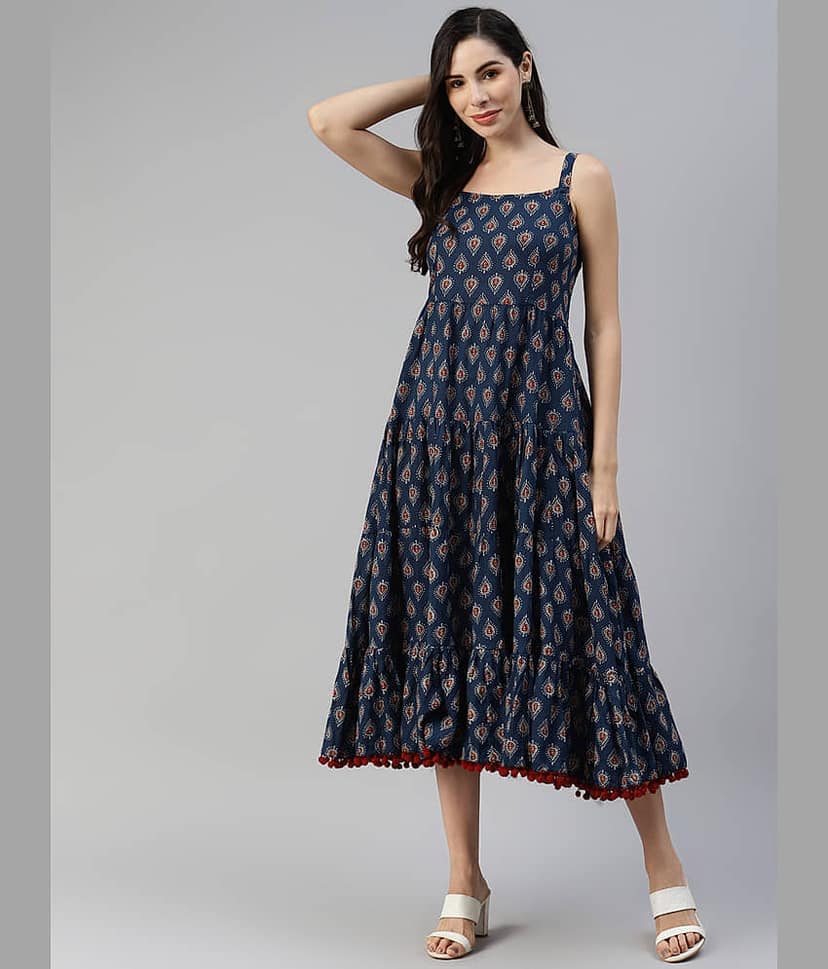 Divena Women Cotton Printed Fit & Flare Dress ( Navy Blue )