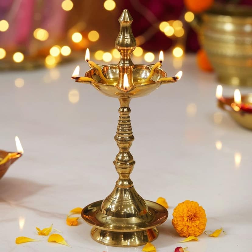 Brass Kerala Fancy Deepak, Oil Lamp No. 5 - Brass Deepak for Temple Aarti, Height : 8.2 Inch (FMAS642 Q)