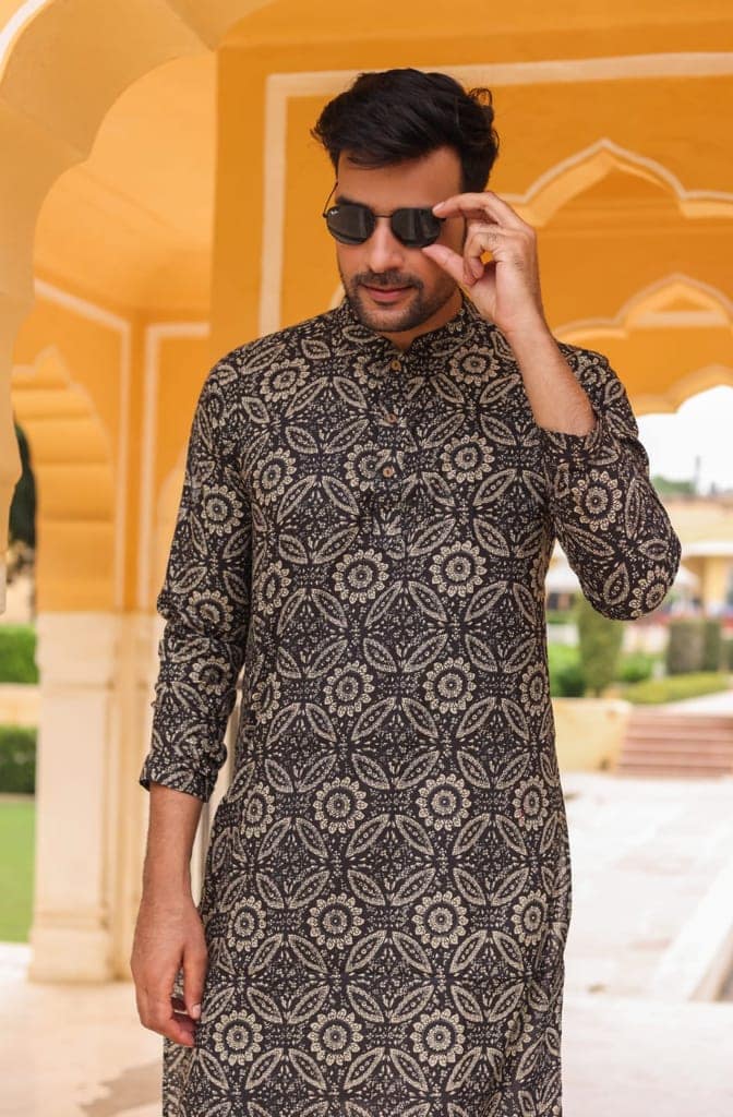 Cotton Designer Men'S Kurta Bagru Printed Hand Printed Brown Color (Size: 38-44)-5646 view 2