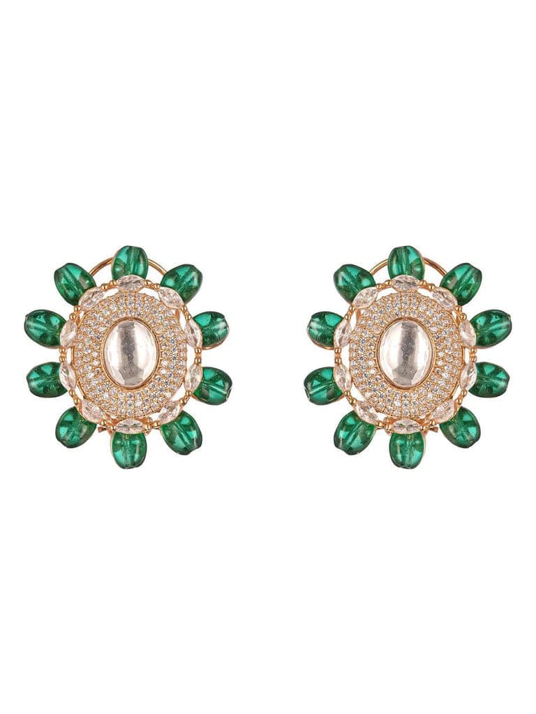 Gold Plated Green Beads & Kundan Studded Solitaire Studds Earrings view 2