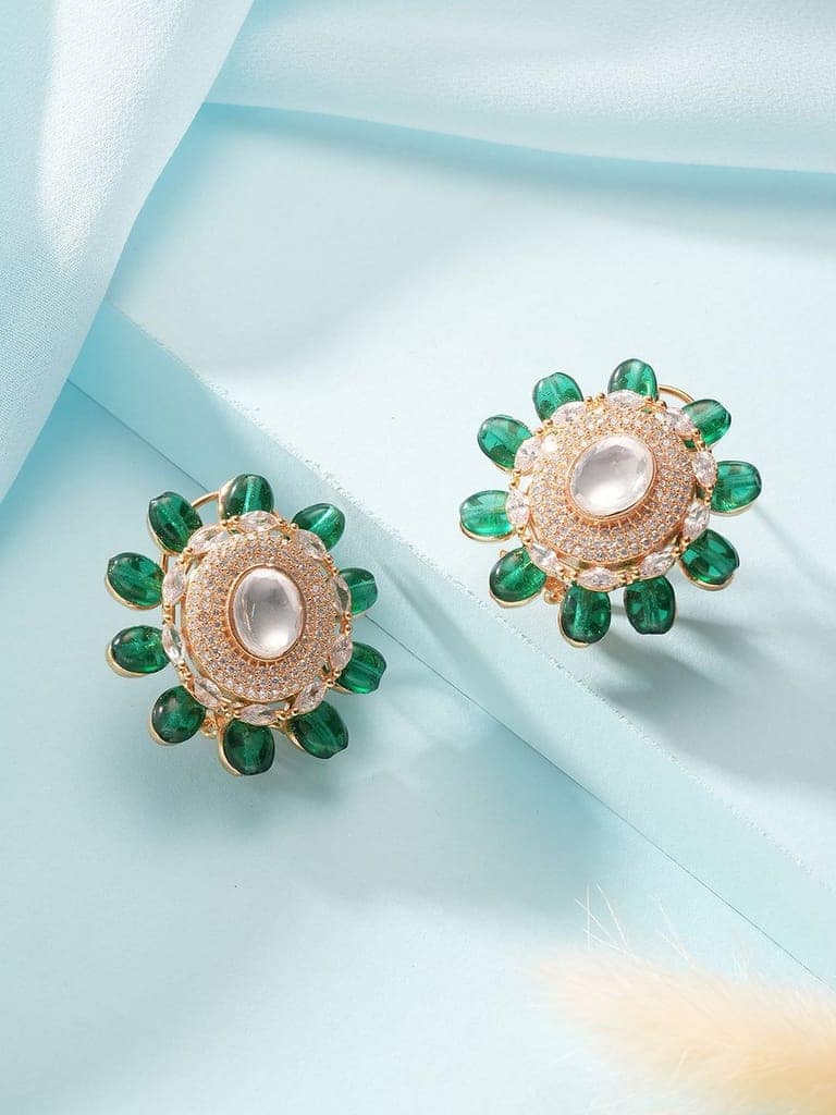 Gold Plated Green Beads & Kundan Studded Solitaire Studds Earrings view 4