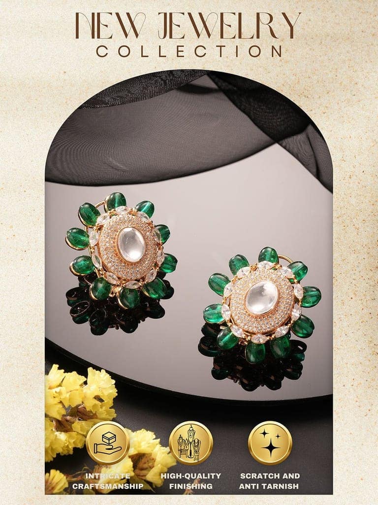 Gold Plated Green Beads & Kundan Studded Solitaire Studds Earrings view 5