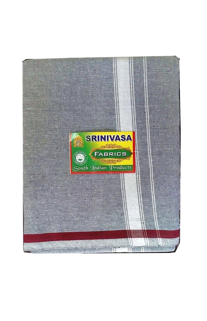 SRINIVASA FABRICS South Indian Products Grey Cotton Dhoti with White & Maroon Border