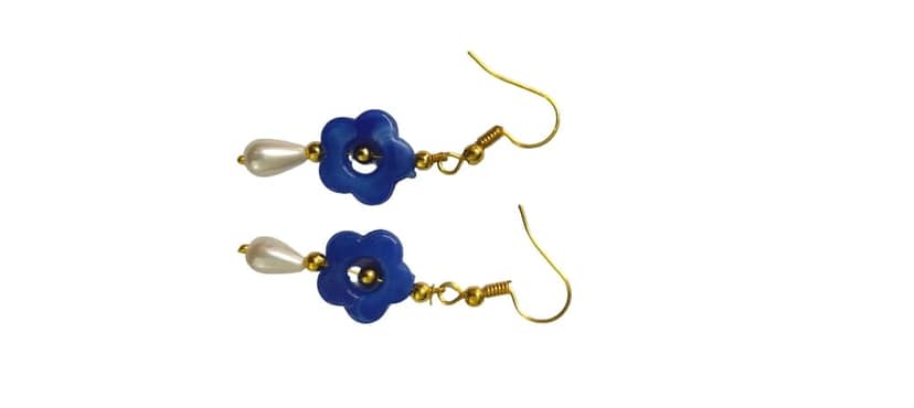 Blue Floral Drop Earrings with Pearl Accents view 2