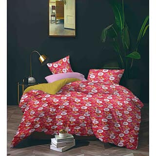 Black Bee White Flowers On Pink Base Double Bedsheet With 2 Pillow Covers (208 X 213 Cm)(Bs6-04)