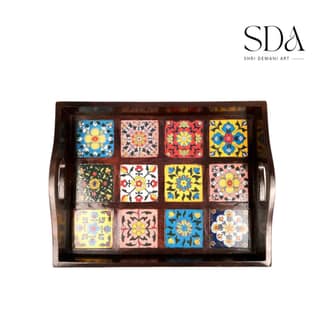 Wooden Tray With Ceramic Tile Base - For Serving, Kitchen, Dining Table Decor - 15 inch