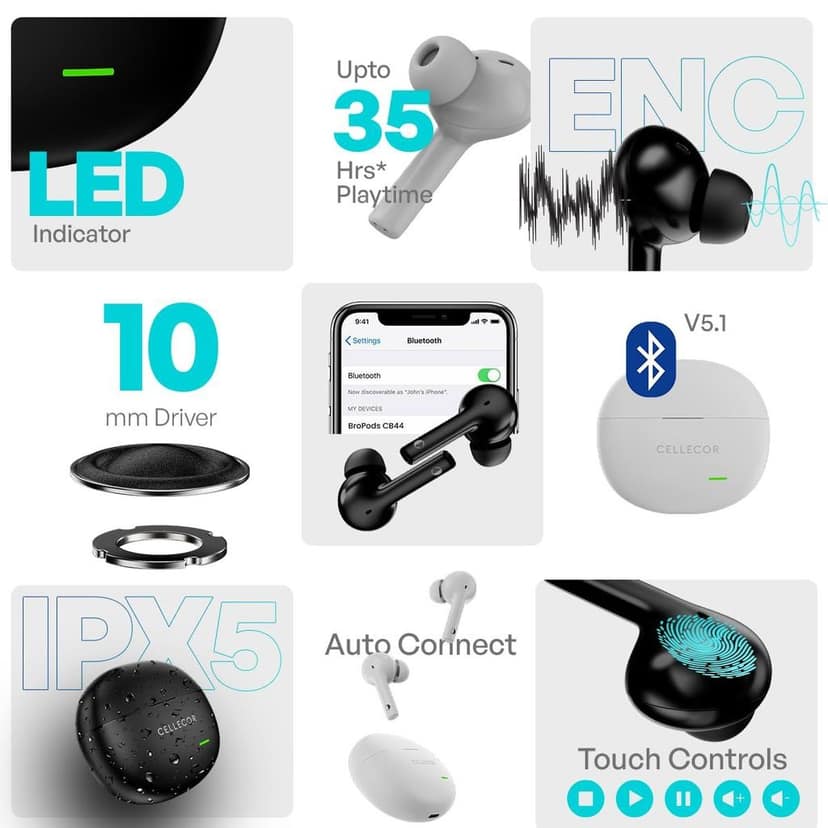CELLECOR BroPods CB44 TWS with 35 Hours Playtime, ENC, Insta Wake N' Pair, HD Sound, 13mm Driver, Truly Wireless (Grey) view 2