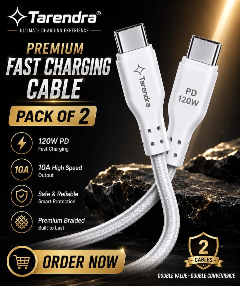 Tarendra Type C to Type C Fast Charging Cable 2 Meter 120W 10A PD Braided USB C Cable for Samsung, OnePlus, Realme, Redmi, Xiaomi, Vivo, Oppo, IQOO & All Type C Devices view 7