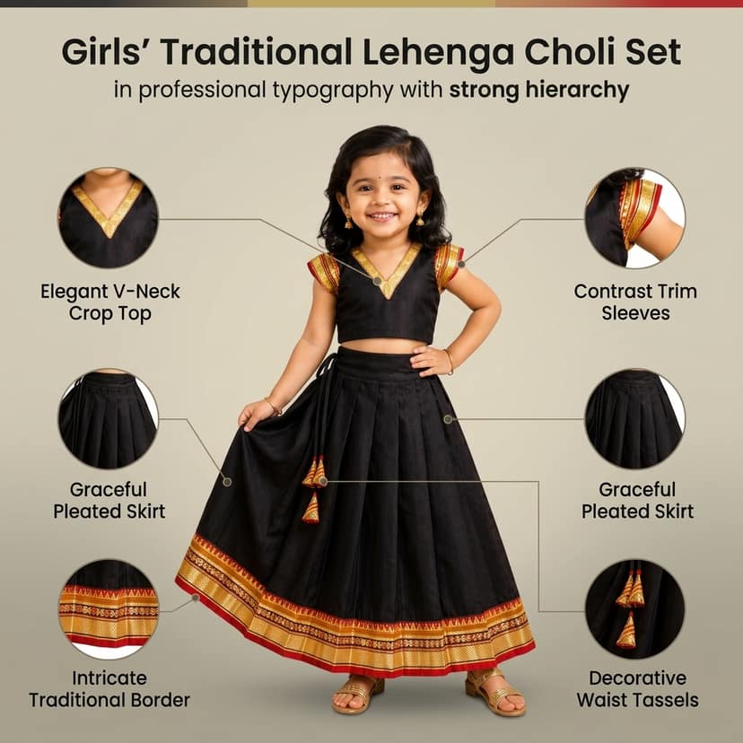 Mom and Me Girls’ Lehenga Choli/Parker Polka/Pattu Pavadai (0 Months–6 Years) | Acrylic Cotton with Soft Cotton Lining | V-Neck, Short Puff Sleeves, Zipper Closure (Black, 6-12 M) view 4