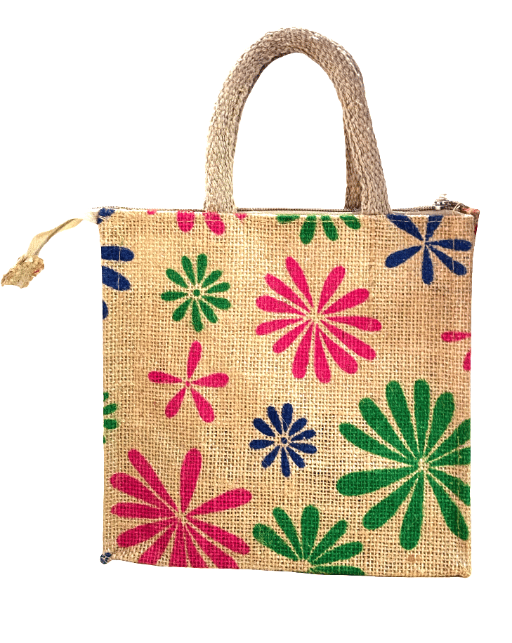 Floral Jute Tote Bag with Zipper Closure - Eco-Friendly Shopping Bag small(T)