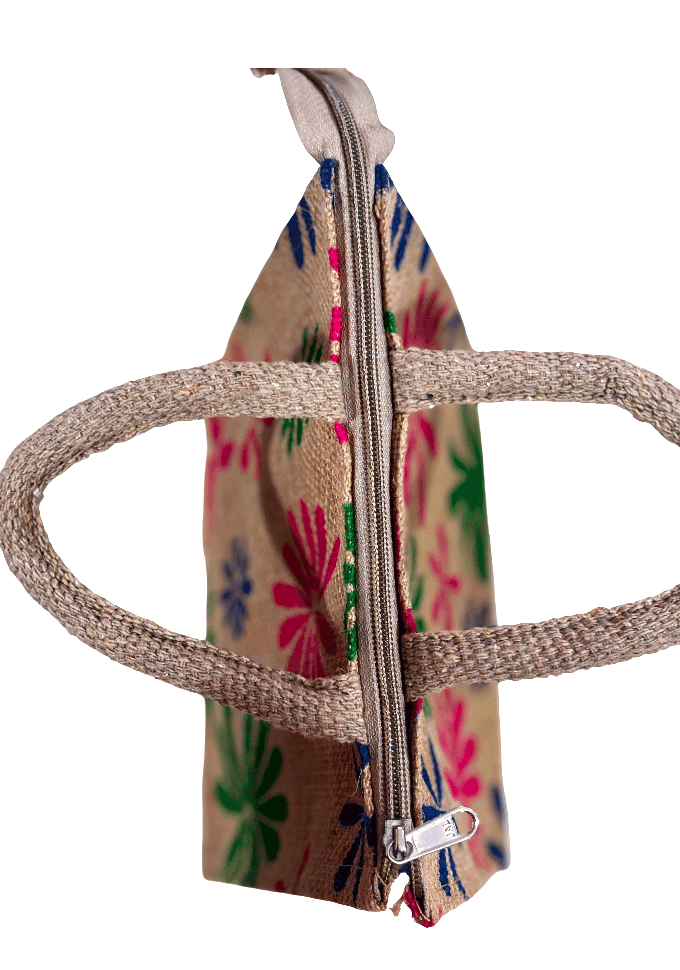 Floral Jute Tote Bag with Zipper Closure - Eco-Friendly Shopping Bag small(T) view 3