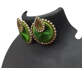 Green and gold round stud earrings with pearl and stone embellishment
