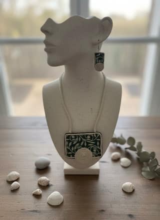 Handcrafted Fabric Green Leaf Rope Necklace & Earring Set