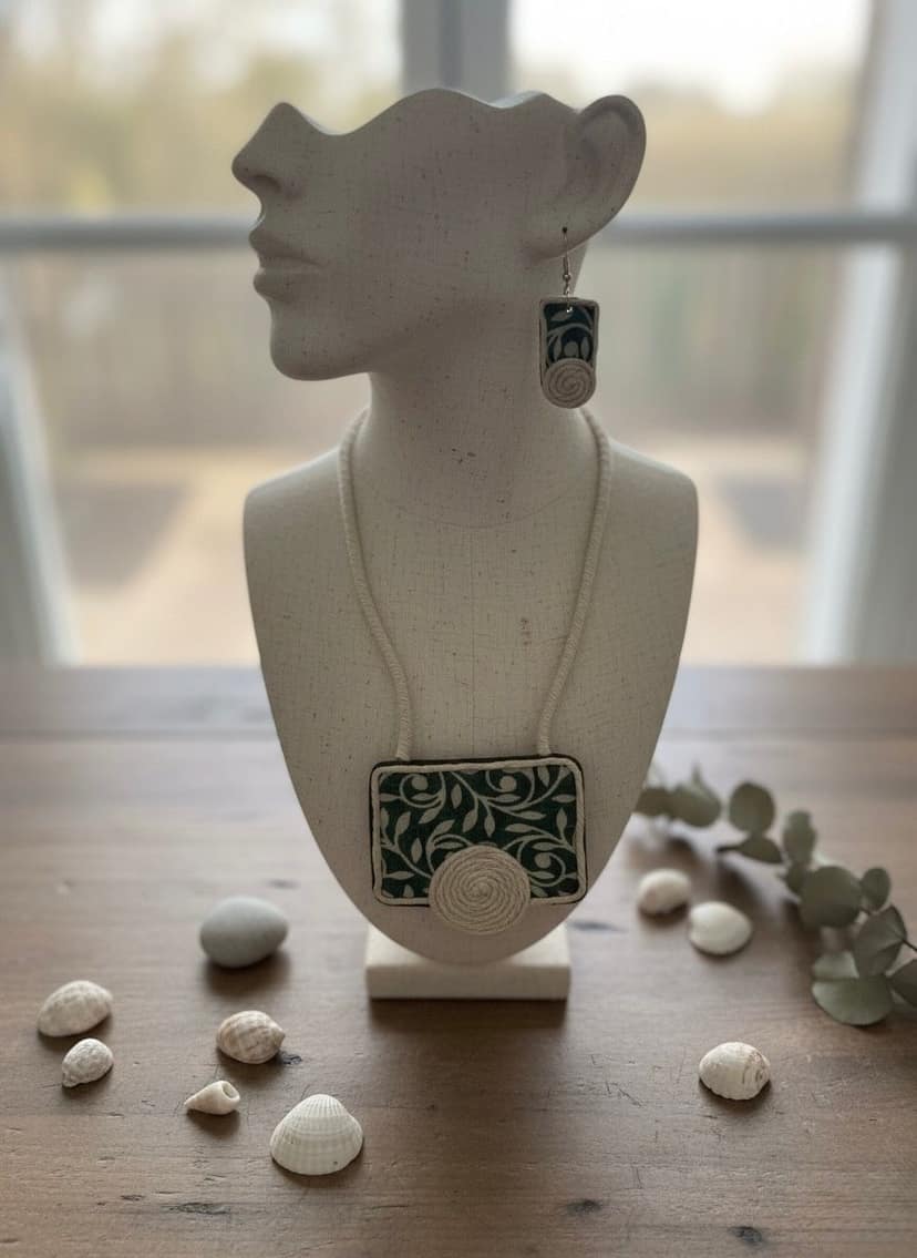 Handcrafted Fabric Green Leaf Rope Necklace & Earring Set