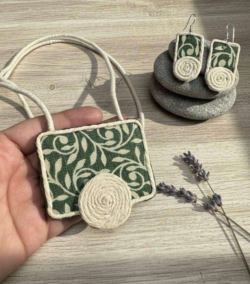 Handcrafted Fabric Green Leaf Rope Necklace & Earring Set view 4