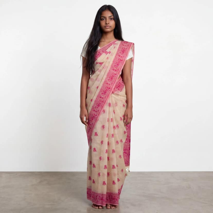 Sambalpuri Baandha Ikat Cotton Saree in Ivory and Pink with Blouse