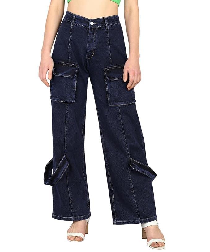 Glossia Fashion Women Cargo Jeans | High Rise Stretchable Baggy Wide LegDenim| Boyfriend Jeans for Women - Dark Blue, 38